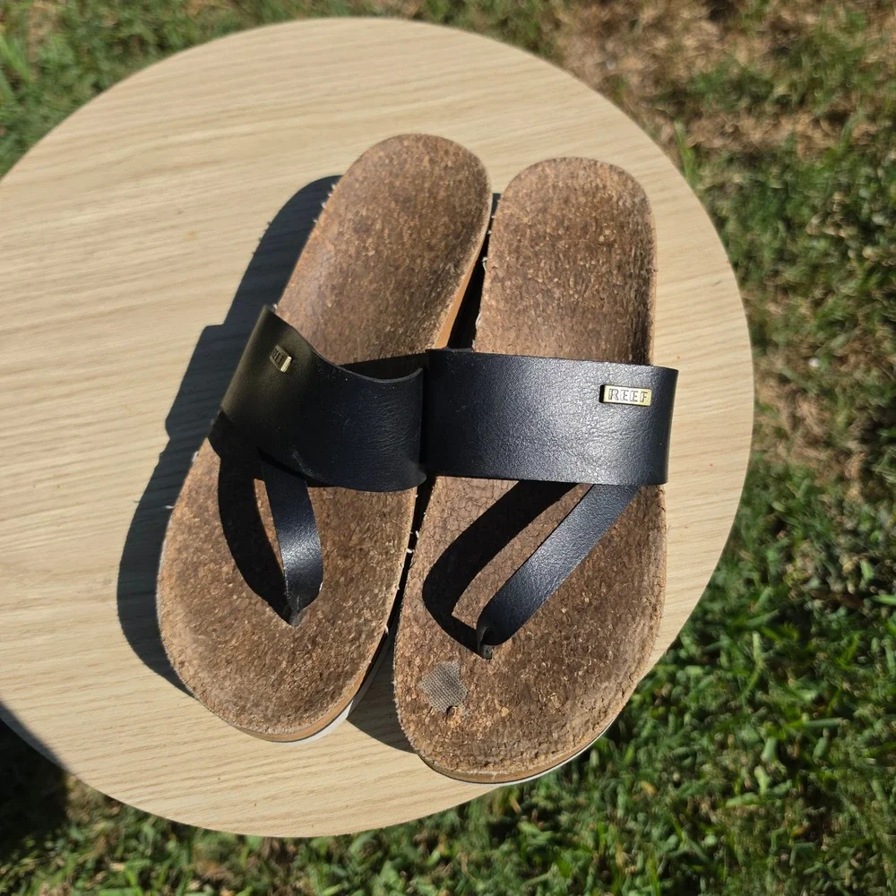Reef Cushion Vista Hi Black Platform Sandals Cork Footbed Thong Slides Size 8